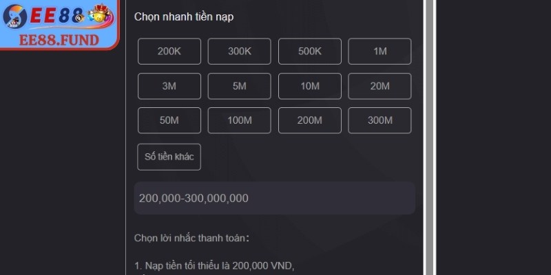 Quy trình nạp, rút tiền đơn giản tại EE88